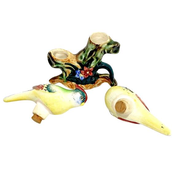 Vintage Salt & Pepper Shakers Set Birds on Branch 3pc Set Porcelain Decorative - Picture 3 of 8